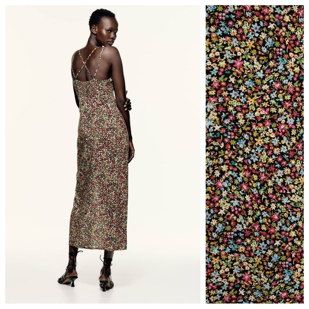 NWT. Zara Small Flowers Print Midi Dress with a V-neckline. Size S. - Picture 2 of 12